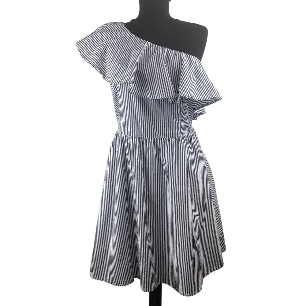 J.O.A LA One Shoulder Blue/White Ruffled Neckline Fit & Flare Mini Dress Sz M